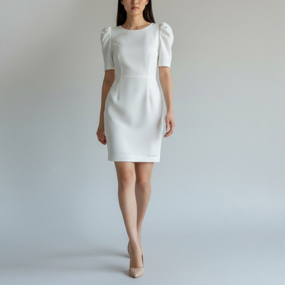 Calvin Klein White Puff Sleeve Sheath Dress US 4 Exposed Gold Zipper, EUC